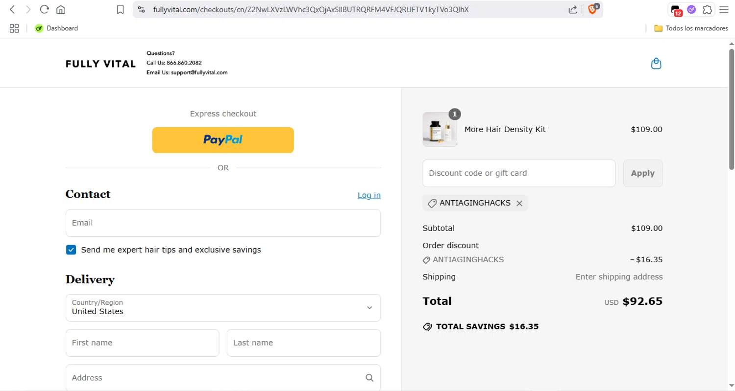 FullyVital promo code screenshot showing code ANTIAGINGHACKS applied at FullyVital checkout page. Uploaded by SimplyCodes community member LegendaryTitan9160 on Jun 22, 2025