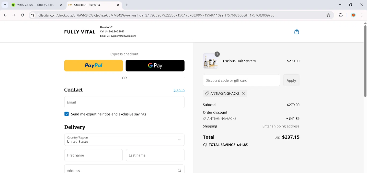 FullyVital promo code screenshot showing code ANTIAGINGHACKS applied at FullyVital checkout page. Uploaded by SimplyCodes community member RoyalMaverick7546 on Sep 12, 2025