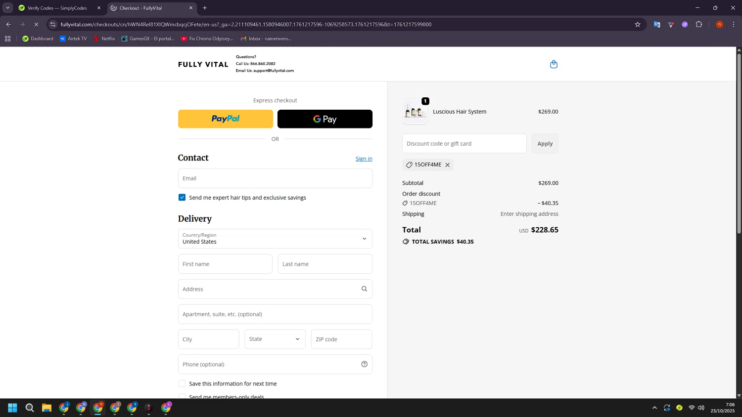 FullyVital promo code screenshot showing code 15OFF4ME applied at FullyVital checkout page. Uploaded by SimplyCodes community member BudgetShopper182 on Oct 23, 2025