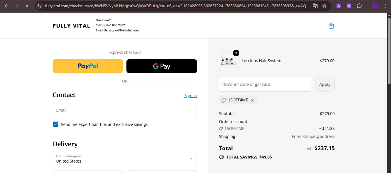 FullyVital promo code screenshot showing code 15OFF4ME applied at FullyVital checkout page. Uploaded by SimplyCodes community member CoinMaverick1452 on Nov 20, 2025