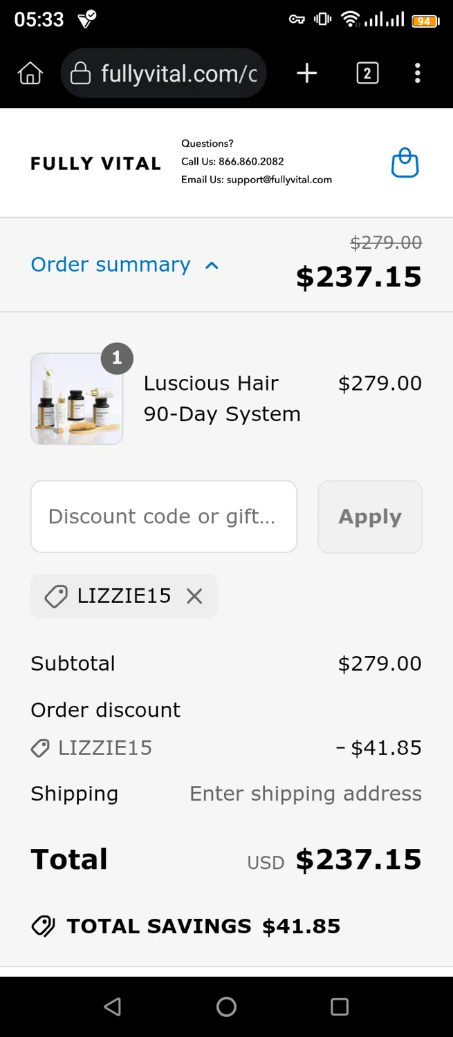 FullyVital promo code screenshot showing code LIZZIE15 applied at FullyVital checkout page. Uploaded by SimplyCodes community member josetheis on May 27, 2025