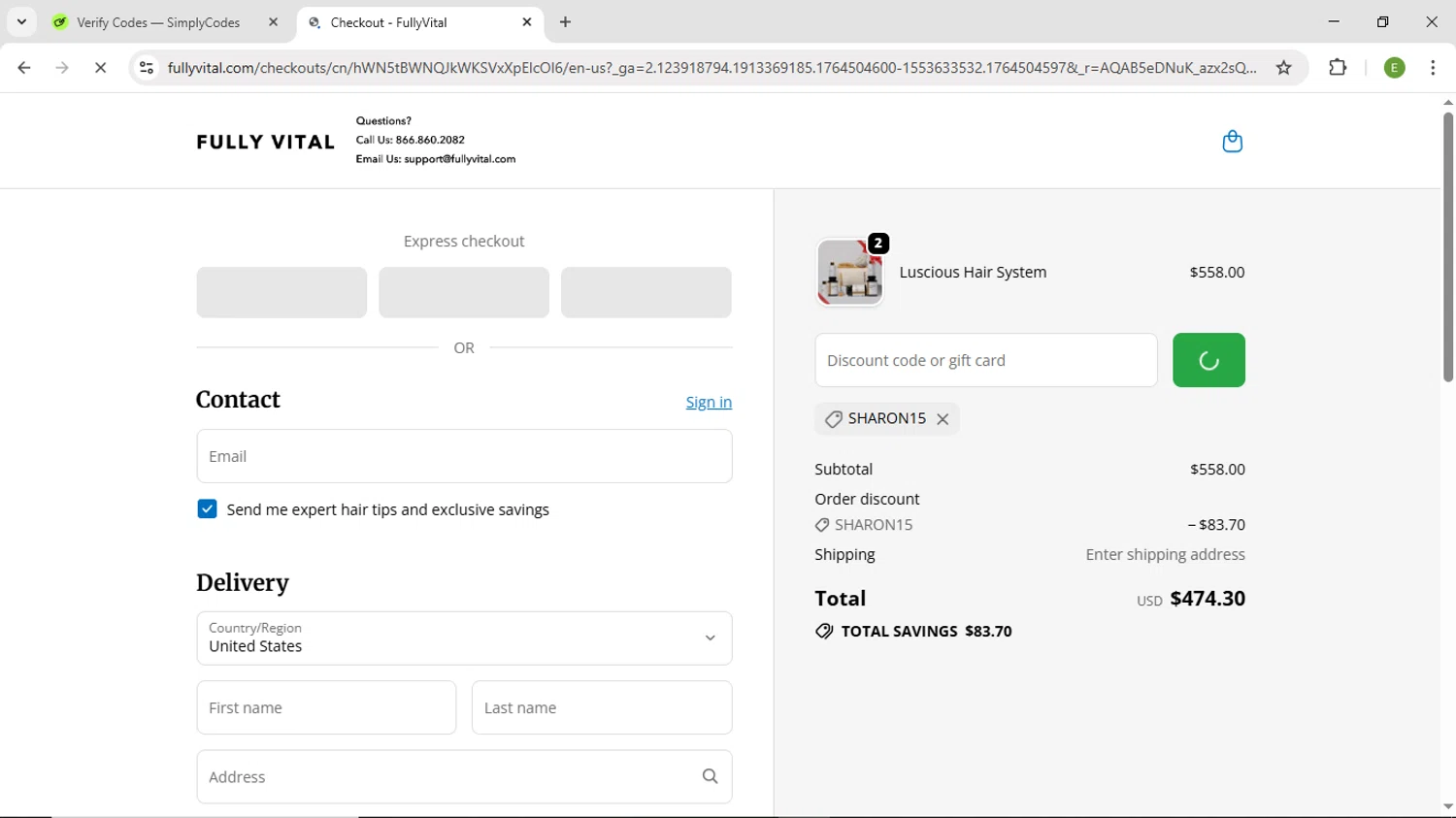 FullyVital promo code screenshot showing code SHARON15 applied at FullyVital checkout page. Uploaded by SimplyCodes community member DiscountScout1646 on Nov 30, 2025