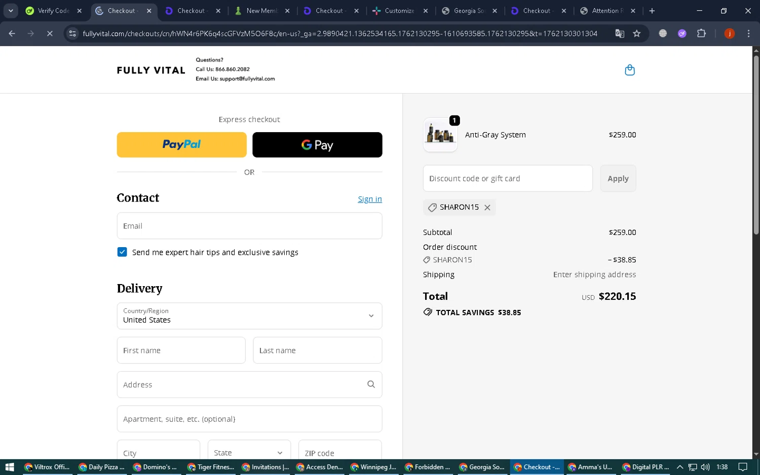 FullyVital promo code screenshot showing code SHARON15 applied at FullyVital checkout page. Uploaded by SimplyCodes community member FortunateGenius936 on Nov 3, 2025