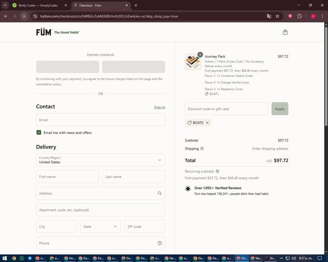 Füm checkout page showing Füm promo code box | Screenshot taken by SimplyCodes community member on Sep 13, 2025