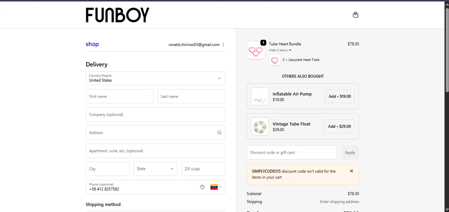 FUNBOY promo code screenshot showing code SIMPLYCODES15 applied at FUNBOY checkout page. Uploaded by SimplyCodes community member CrownAce9258 on Jan 31, 2026