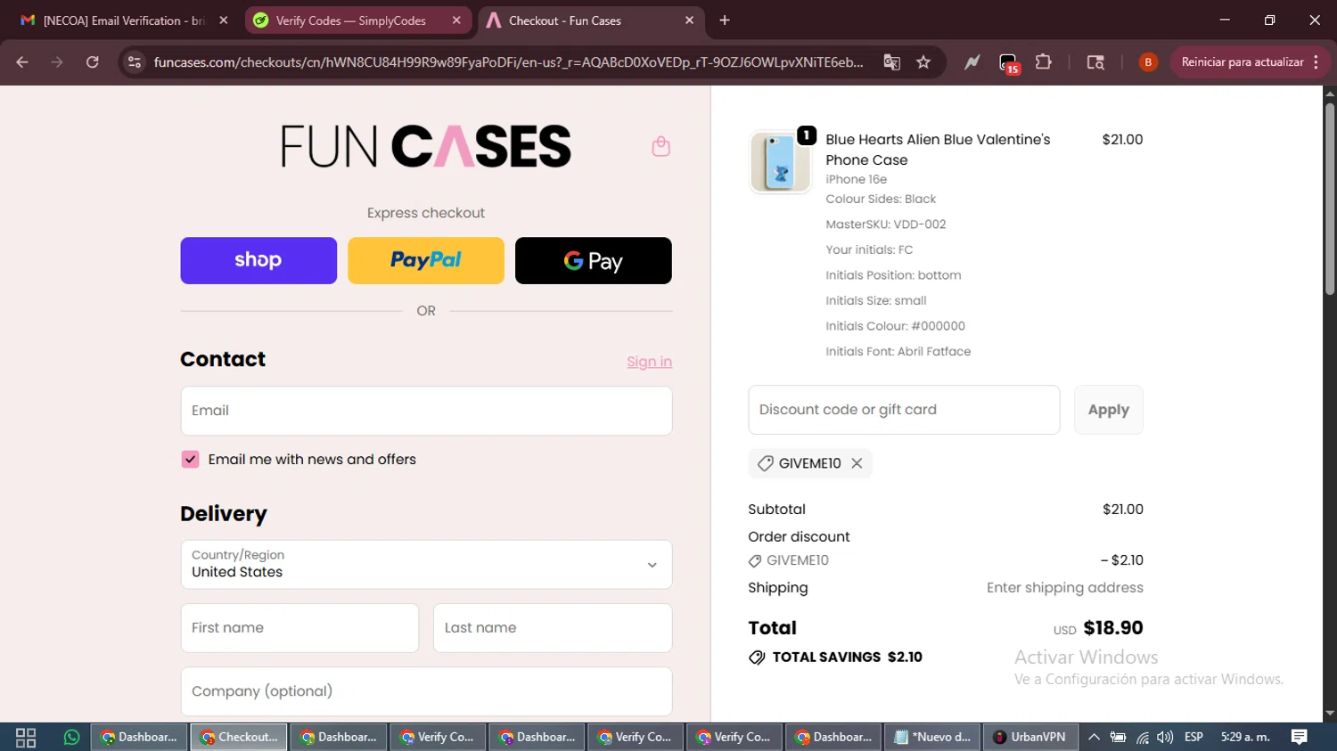 Fun Cases discount code screenshot showing code GIVEME10 applied at Fun Cases checkout page. Uploaded by SimplyCodes community member DiscountExpert6435 on Jan 30, 2026