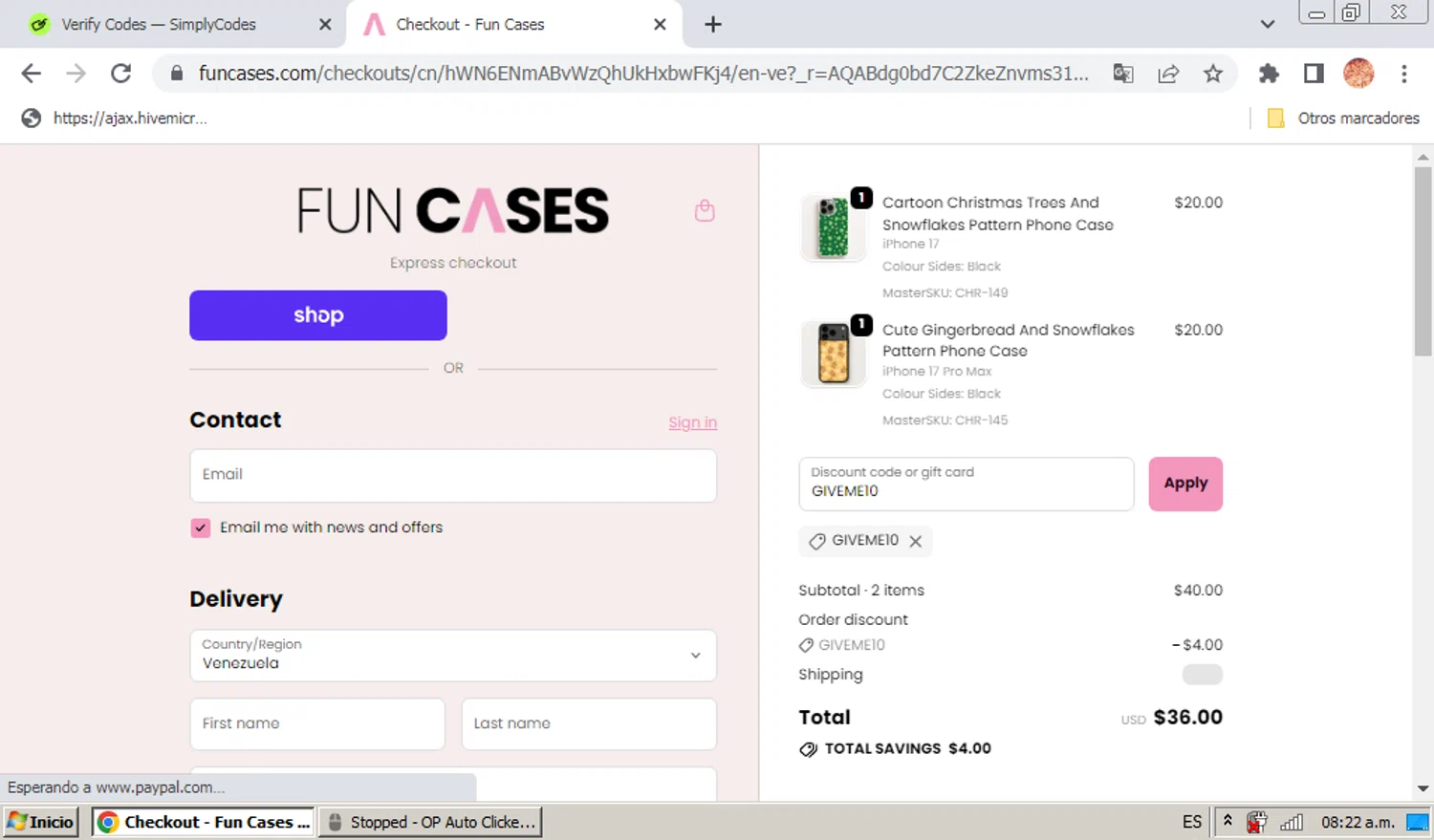 Fun Cases discount code screenshot showing code GIVEME10 applied at Fun Cases checkout page. Uploaded by SimplyCodes community member hectordiaz on Dec 9, 2025