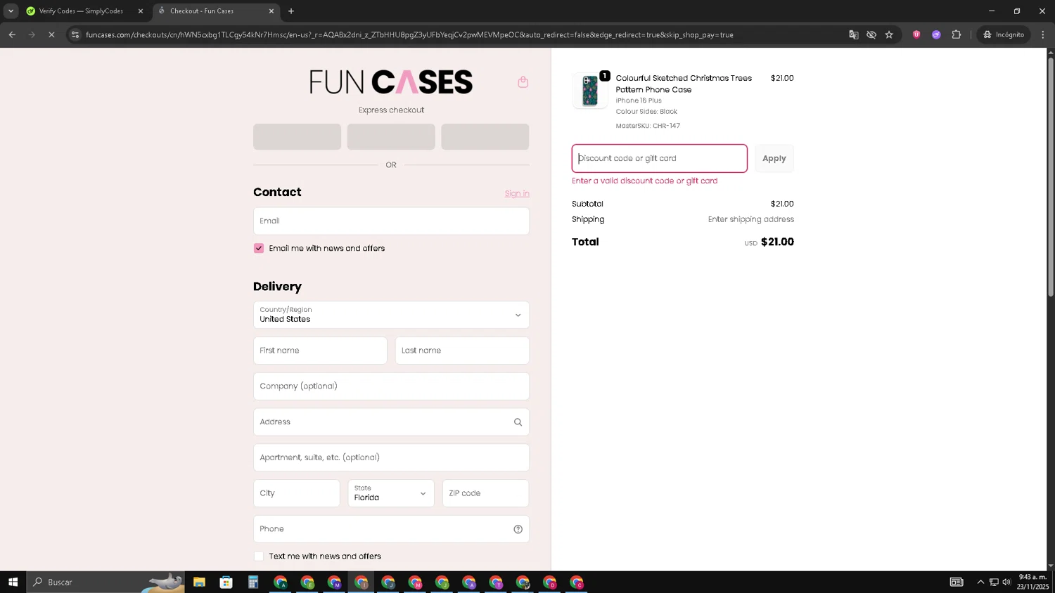 Fun Cases discount code screenshot showing code FUN15 applied at Fun Cases checkout page. Uploaded by SimplyCodes community member pequenokalvin5 on Nov 23, 2025