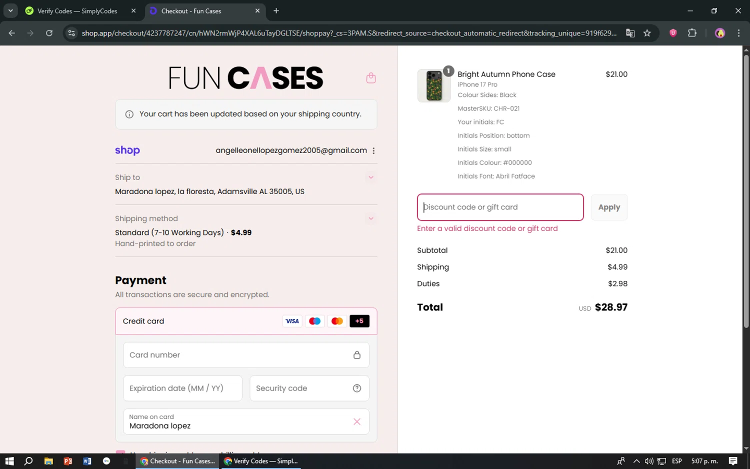 Fun Cases discount code screenshot showing code Spend20 applied at Fun Cases checkout page. Uploaded by SimplyCodes community member TreasureShopper9156 on Sep 11, 2025