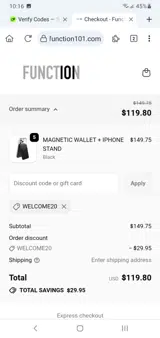 WELCOME20 coupon verification screenshot