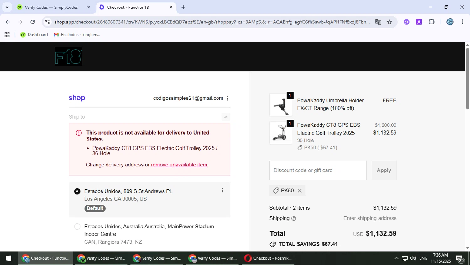 Function 18 discount code screenshot showing code PK50 applied at Function 18 checkout page. Uploaded by SimplyCodes community member PokeGOAT on Nov 15, 2025