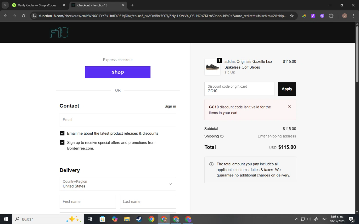Function 18 discount code screenshot showing code GC10 applied at Function 18 checkout page. Uploaded by SimplyCodes community member Kelvis_Vargas on Dec 10, 2025