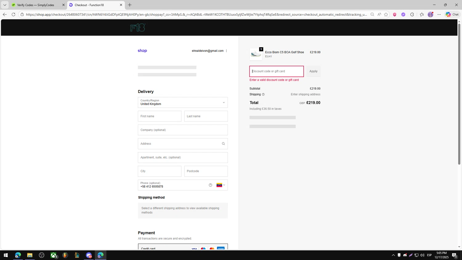 Function 18 discount code screenshot showing code GC10 applied at Function 18 checkout page. Uploaded by SimplyCodes community member fghfgefds2 on Dec 17, 2025