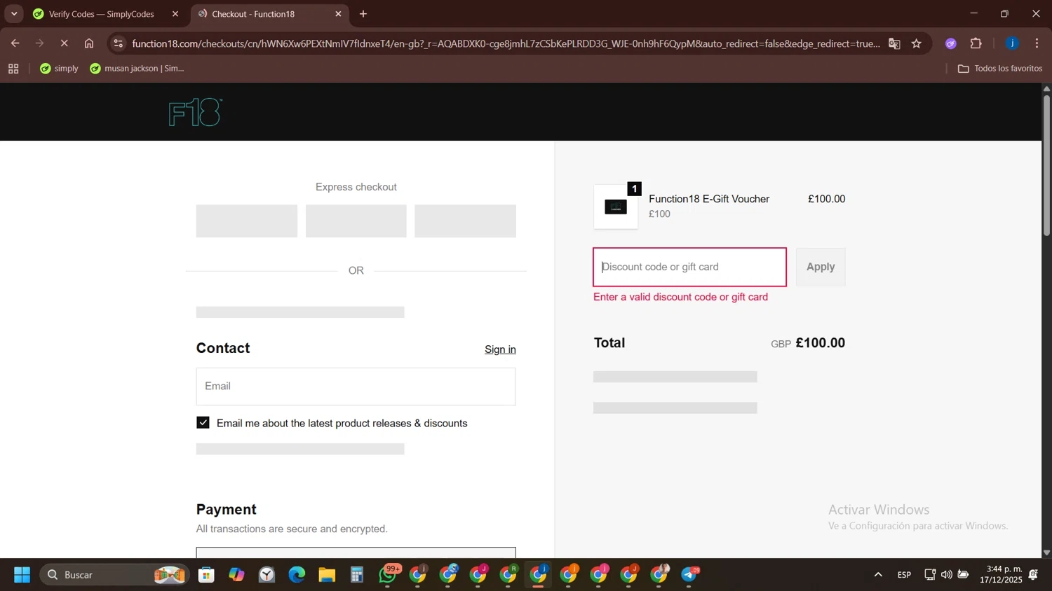 Function 18 discount code screenshot showing code GC10 applied at Function 18 checkout page. Uploaded by SimplyCodes community member yameteqdasai on Dec 17, 2025