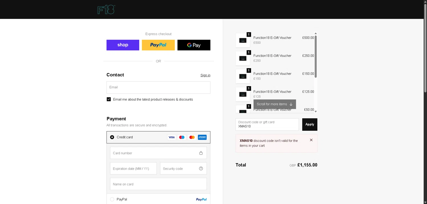 Function 18 checkout page showing Function 18 discount code box | Screenshot taken by SimplyCodes community member on Dec 11, 2025