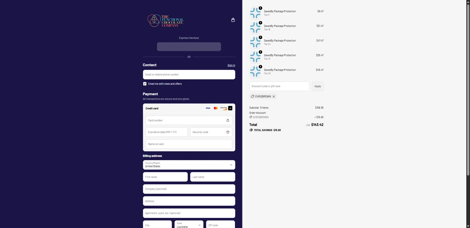 Functional Chocolate Company promo code screenshot showing code CHRISBROWN applied at Functional Chocolate Company checkout page. Uploaded by SimplyCodes community member QuestKnight7206 on May 30, 2026