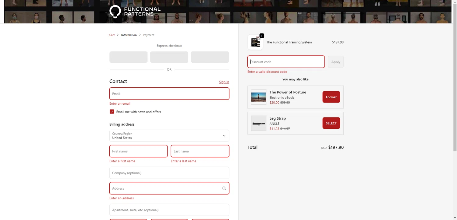 Functional Patterns discount code screenshot showing code MUSCLE20 applied at Functional Patterns checkout page. Uploaded by SimplyCodes community member NobleMaestro6498 on Nov 30, 2025