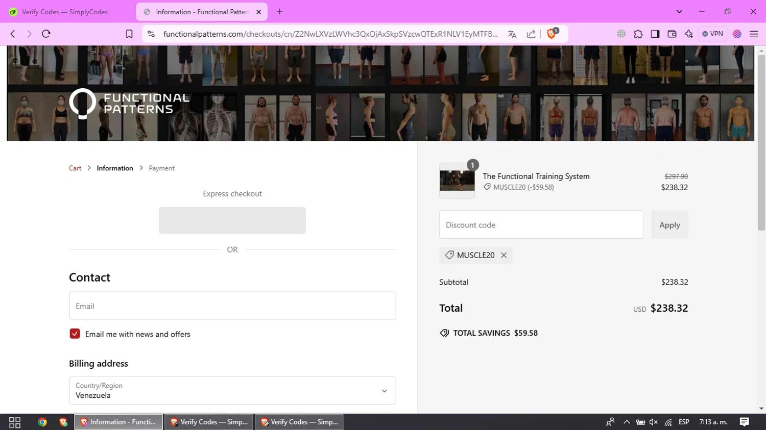 Functional Patterns discount code screenshot showing code MUSCLE20 applied at Functional Patterns checkout page. Uploaded by SimplyCodes community member PrimeLynx5403 on Jan 29, 2025
