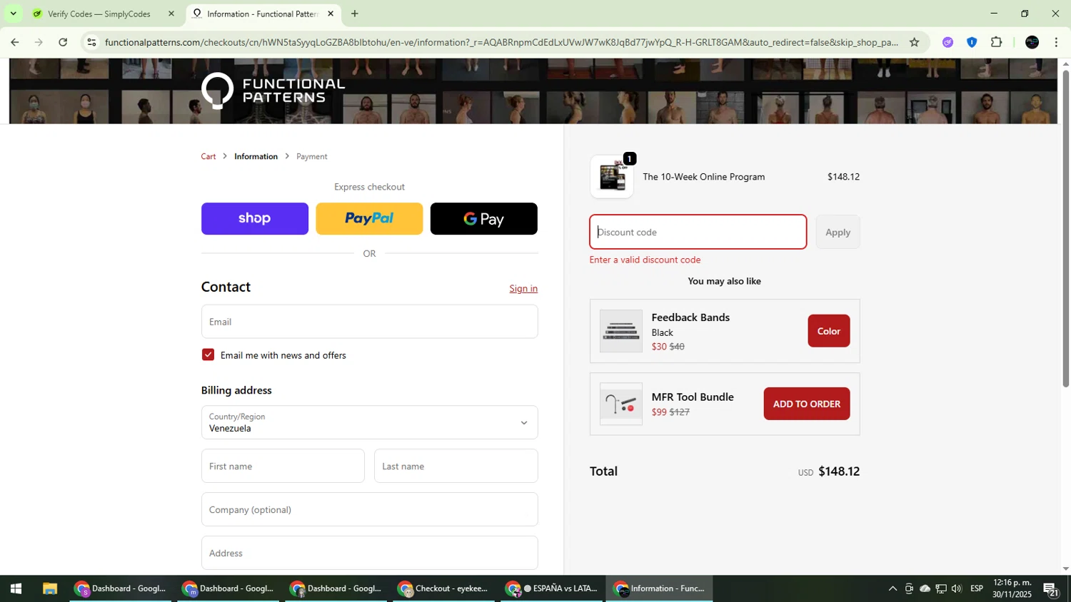 Functional Patterns discount code screenshot showing code SUMMER50 applied at Functional Patterns checkout page. Uploaded by SimplyCodes community member CarmenVGR on Nov 30, 2025