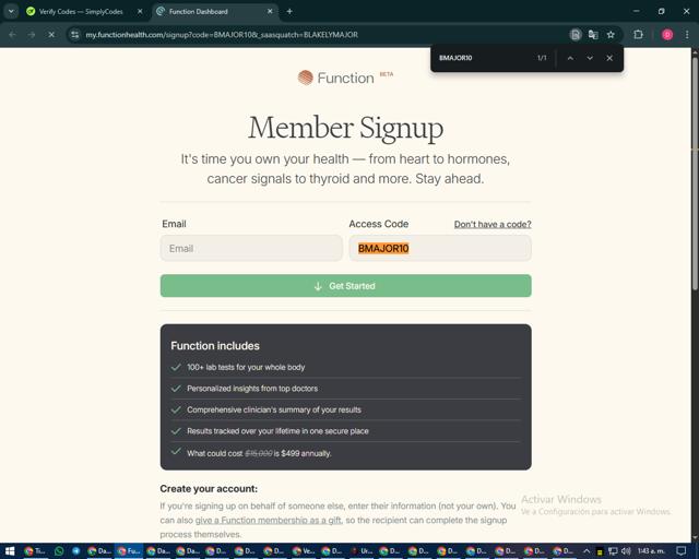Function Health checkout page showing Function Health promo code box | Screenshot taken by SimplyCodes community member on Sep 11, 2025