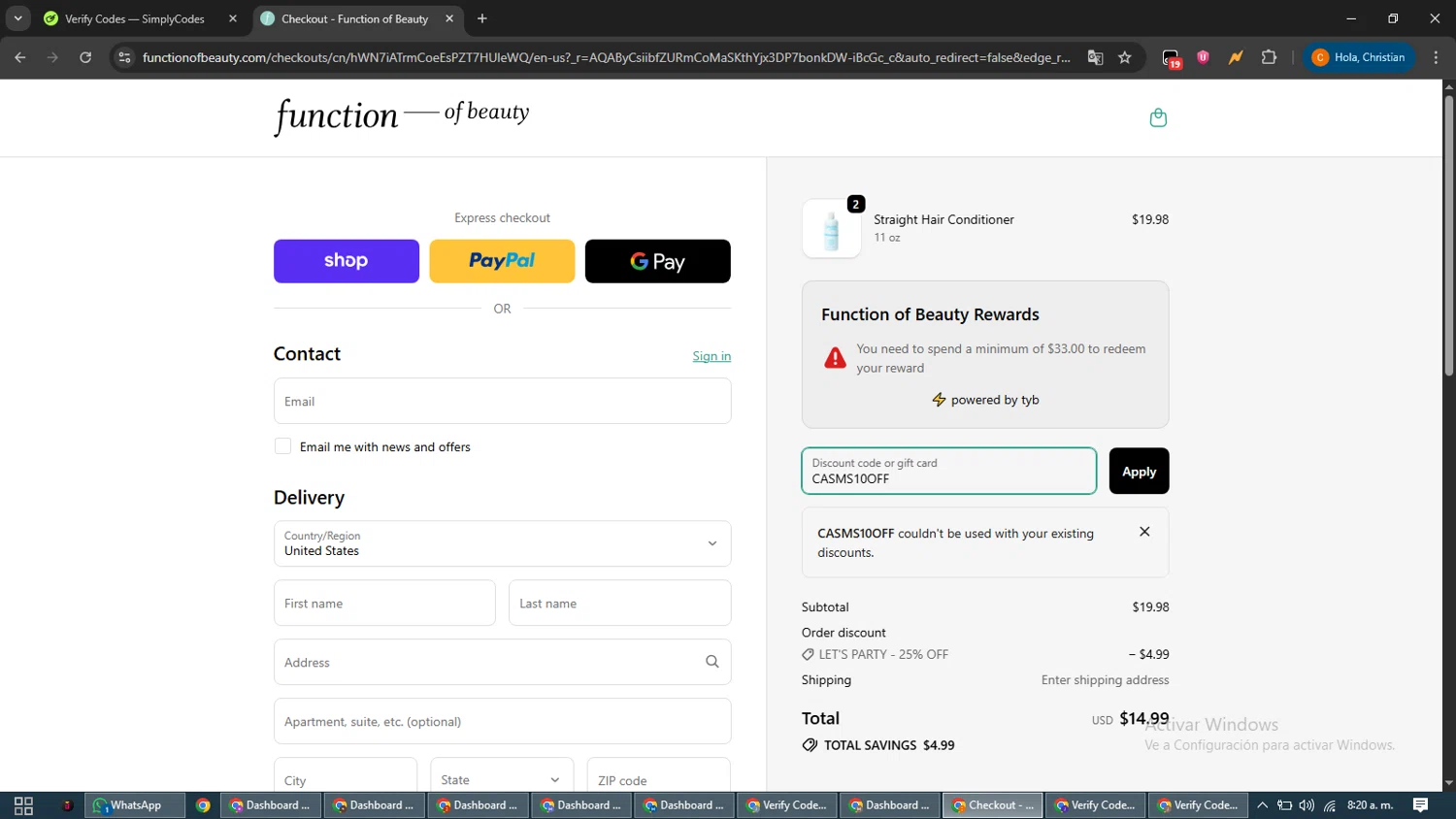 Function of Beauty promo code screenshot showing code CASMS10OFF applied at Function of Beauty checkout page. Uploaded by SimplyCodes community member guest_192805448 on Jan 17, 2026