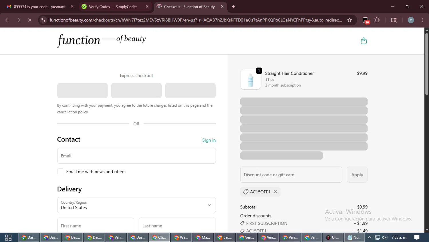 Function of Beauty promo code screenshot showing code AC15OFF1 applied at Function of Beauty checkout page. Uploaded by SimplyCodes community member MoneyTiger5162 on Jan 17, 2026
