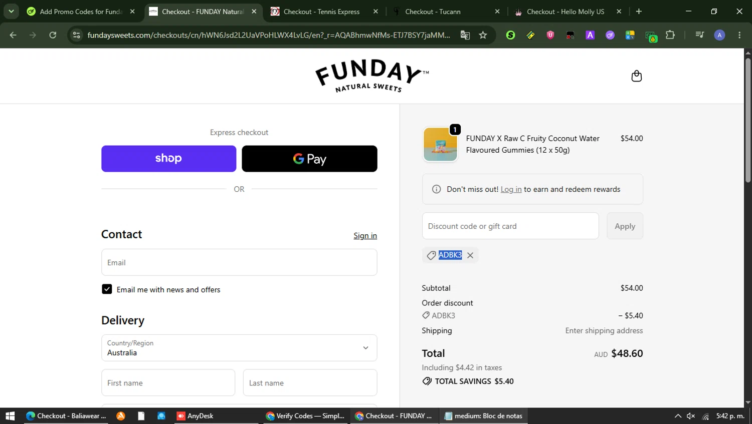 Funday Sweets promo code screenshot showing code ADBK3 applied at Funday Sweets checkout page. Uploaded by SimplyCodes community member Carolina23 on Jun 11, 2026