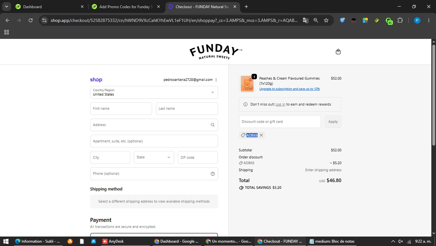 Funday Sweets promo code screenshot showing code ADBK6 applied at Funday Sweets checkout page. Uploaded by SimplyCodes community member MAVESA on Jun 16, 2026