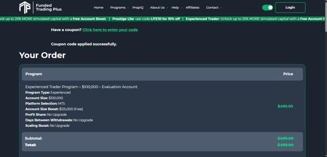 Funded Trading Plus checkout page showing Funded Trading Plus discount code box | Screenshot taken by SimplyCodes community member on Sep 1, 2025