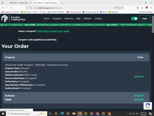 Funded Trading Plus checkout page showing Funded Trading Plus discount code box | Screenshot taken by SimplyCodes community member on Aug 19, 2025