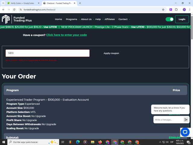 Funded Trading Plus checkout page showing Funded Trading Plus discount code box | Screenshot taken by SimplyCodes community member on Aug 19, 2025