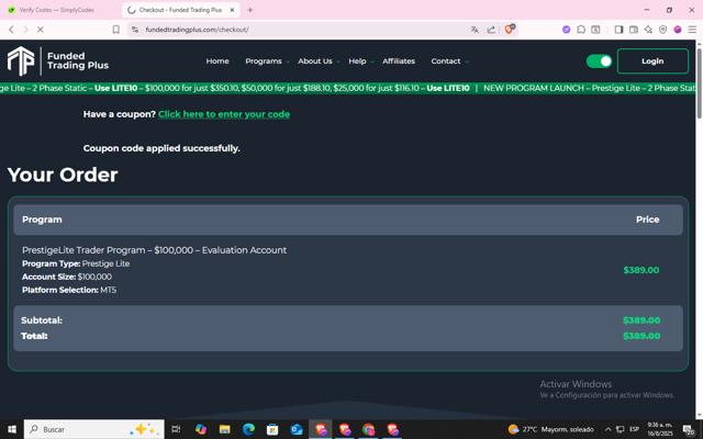 Funded Trading Plus checkout page showing Funded Trading Plus discount code box | Screenshot taken by SimplyCodes community member on Aug 16, 2025