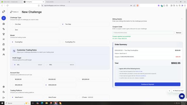 Funding Pips checkout page showing Funding Pips discount code box | Screenshot taken by SimplyCodes community member on Sep 9, 2025