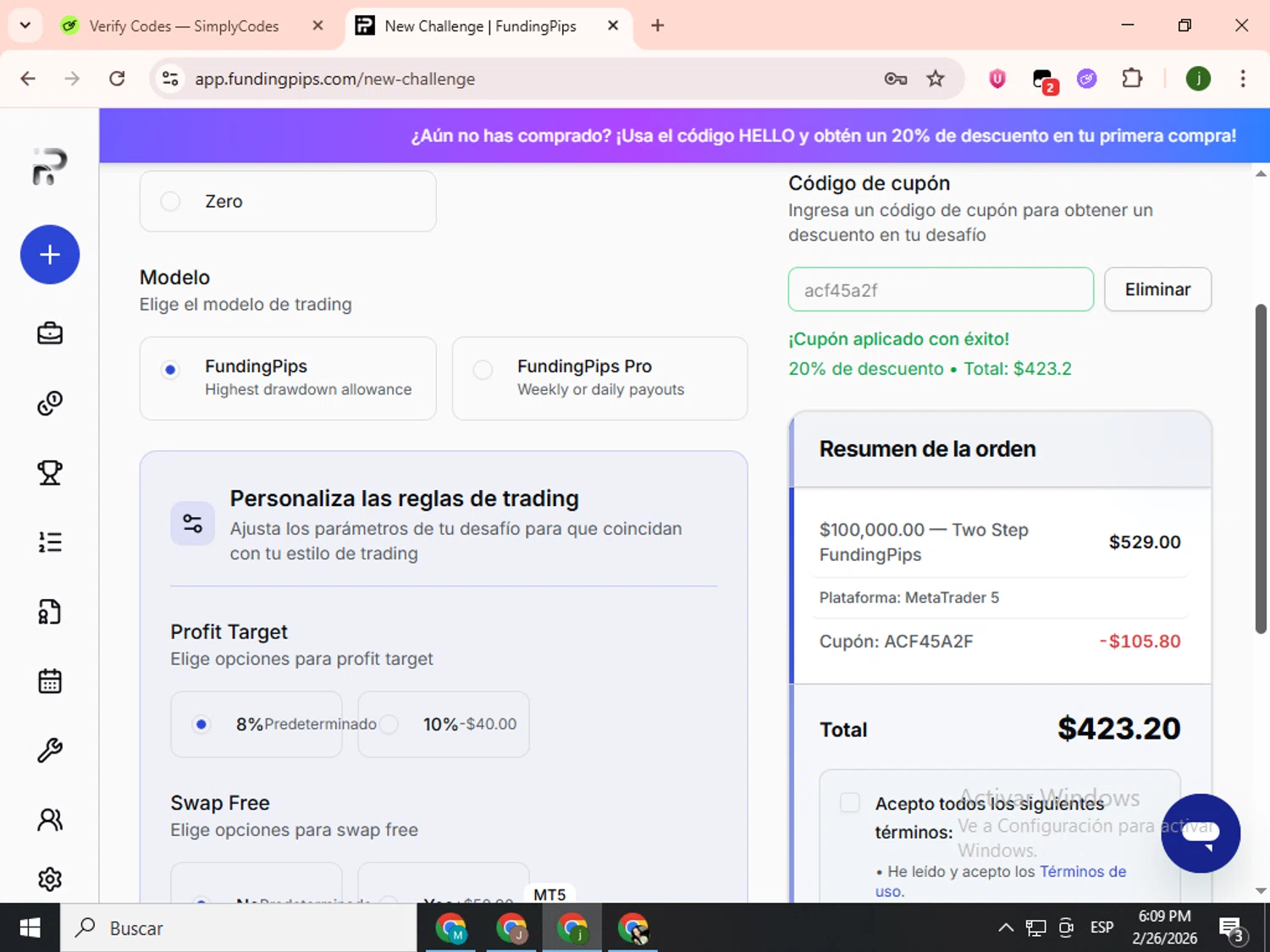 Funding Pips promo code screenshot showing code acf45a2f applied at Funding Pips checkout page. Uploaded by SimplyCodes community member SavingsCollector2592 on Feb 26, 2026