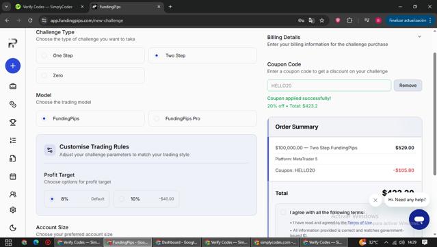 Funding Pips checkout page showing Funding Pips discount code box | Screenshot taken by SimplyCodes community member on Sep 13, 2025