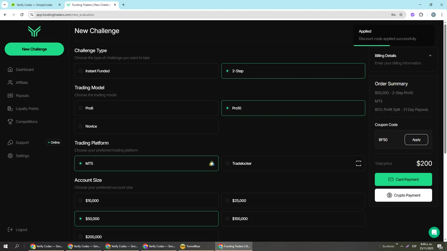 Funding Traders checkout page showing Funding Traders promo code box | Screenshot taken by SimplyCodes community member on Nov 25, 2025