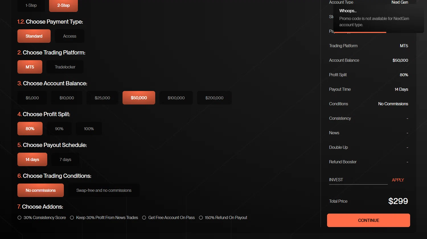 Funding Traders promo code screenshot showing code INVEST applied at Funding Traders checkout page. Uploaded by SimplyCodes community member MrsPopo on Oct 13, 2025