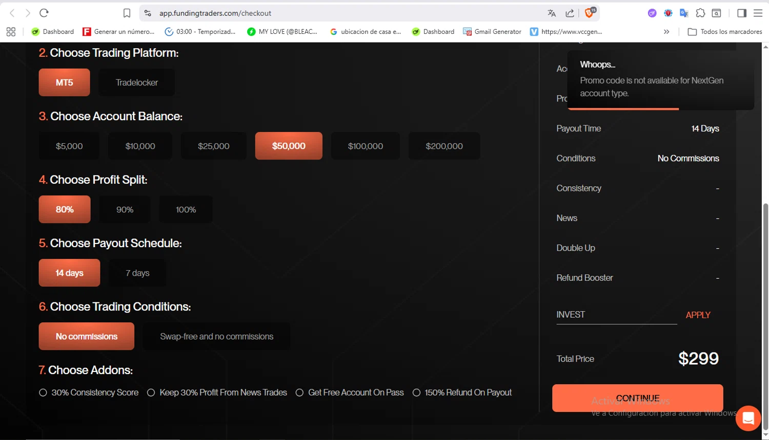 Funding Traders promo code screenshot showing code INVEST applied at Funding Traders checkout page. Uploaded by SimplyCodes community member VoucherFalcon3942 on Nov 11, 2025