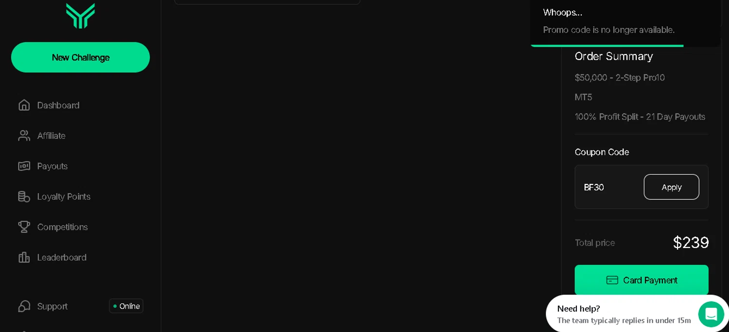 Funding Traders promo code screenshot showing code BF30 applied at Funding Traders checkout page. Uploaded by SimplyCodes community member tuvalu10 on Dec 6, 2025