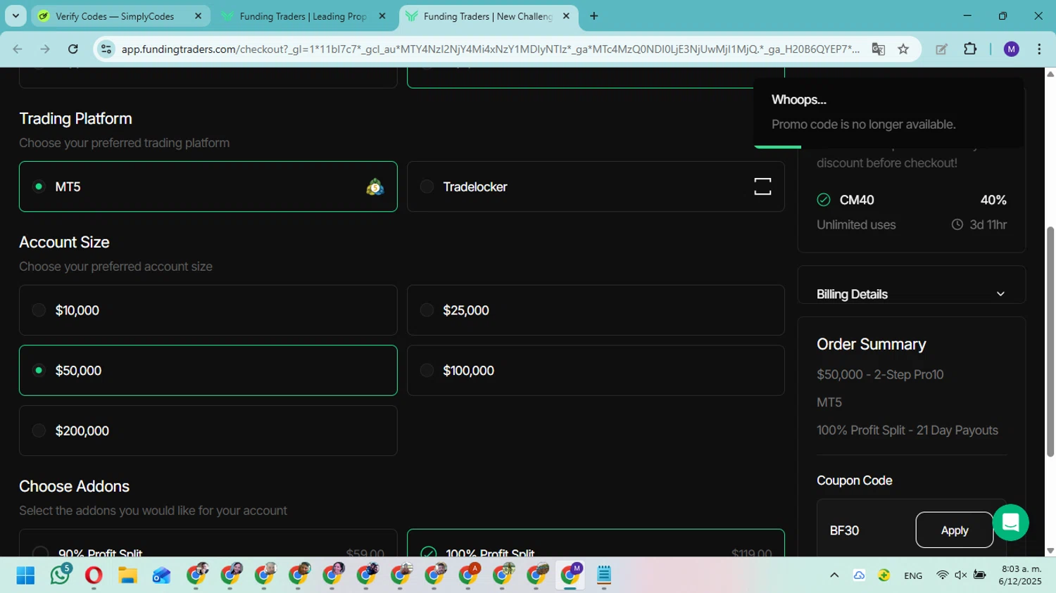 Funding Traders promo code screenshot showing code BF30 applied at Funding Traders checkout page. Uploaded by SimplyCodes community member Fundolaroca on Dec 6, 2025