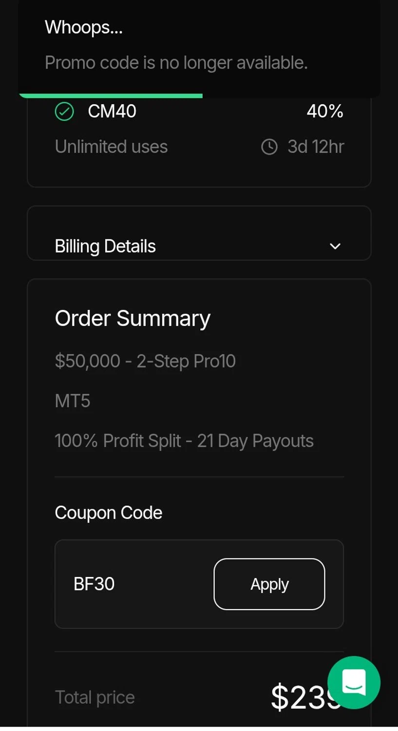 Funding Traders promo code screenshot showing code BF30 applied at Funding Traders checkout page. Uploaded by SimplyCodes community member SmartSaver7916 on Dec 6, 2025