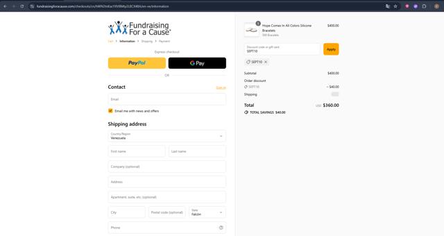 Fundraising For A Cause checkout page showing Fundraising For A Cause promo code box | Screenshot taken by SimplyCodes community member on Sep 12, 2025