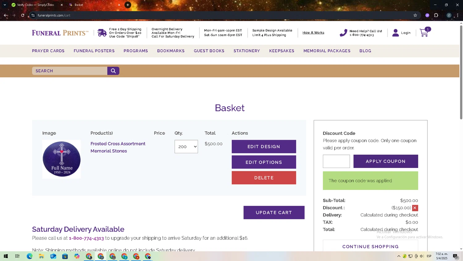 Funeral Prints discount code screenshot showing code COMBO applied at Funeral Prints checkout page. Uploaded by SimplyCodes community member zadquiel on Apr 5, 2025