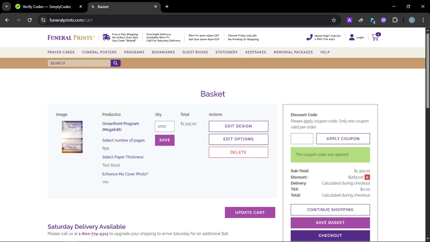 Funeral Prints discount code screenshot showing code FP20 applied at Funeral Prints checkout page. Uploaded by SimplyCodes community member SmartScholar9589 on Jul 5, 2025