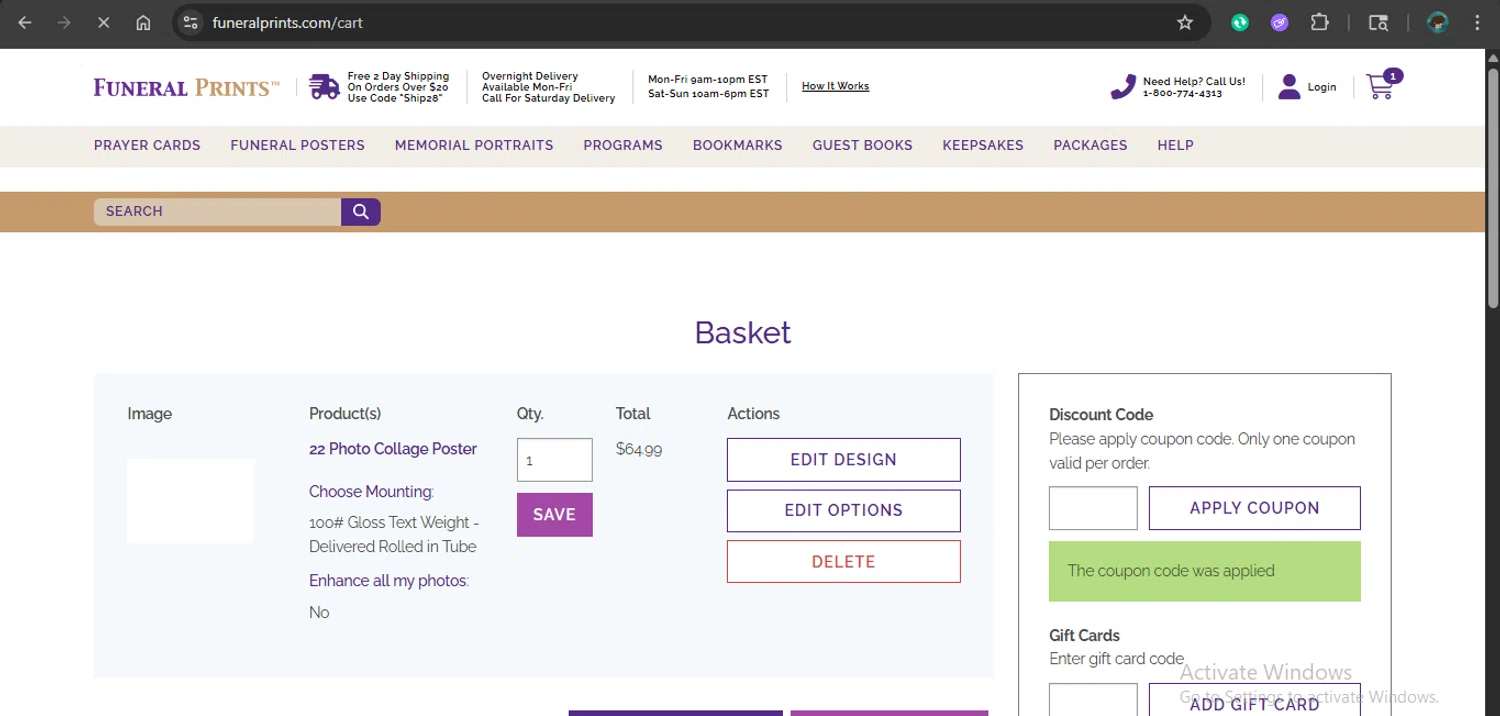 Funeral Prints discount code screenshot showing code SHIP28 applied at Funeral Prints checkout page. Uploaded by SimplyCodes community member xAngel on Dec 11, 2025