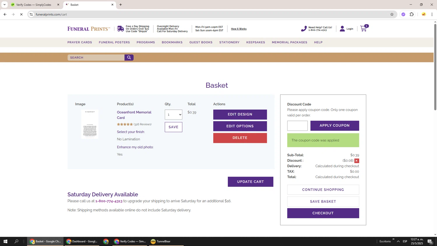 Funeral Prints discount code screenshot showing code FPUPGRADE applied at Funeral Prints checkout page. Uploaded by SimplyCodes community member Richard251 on May 25, 2025