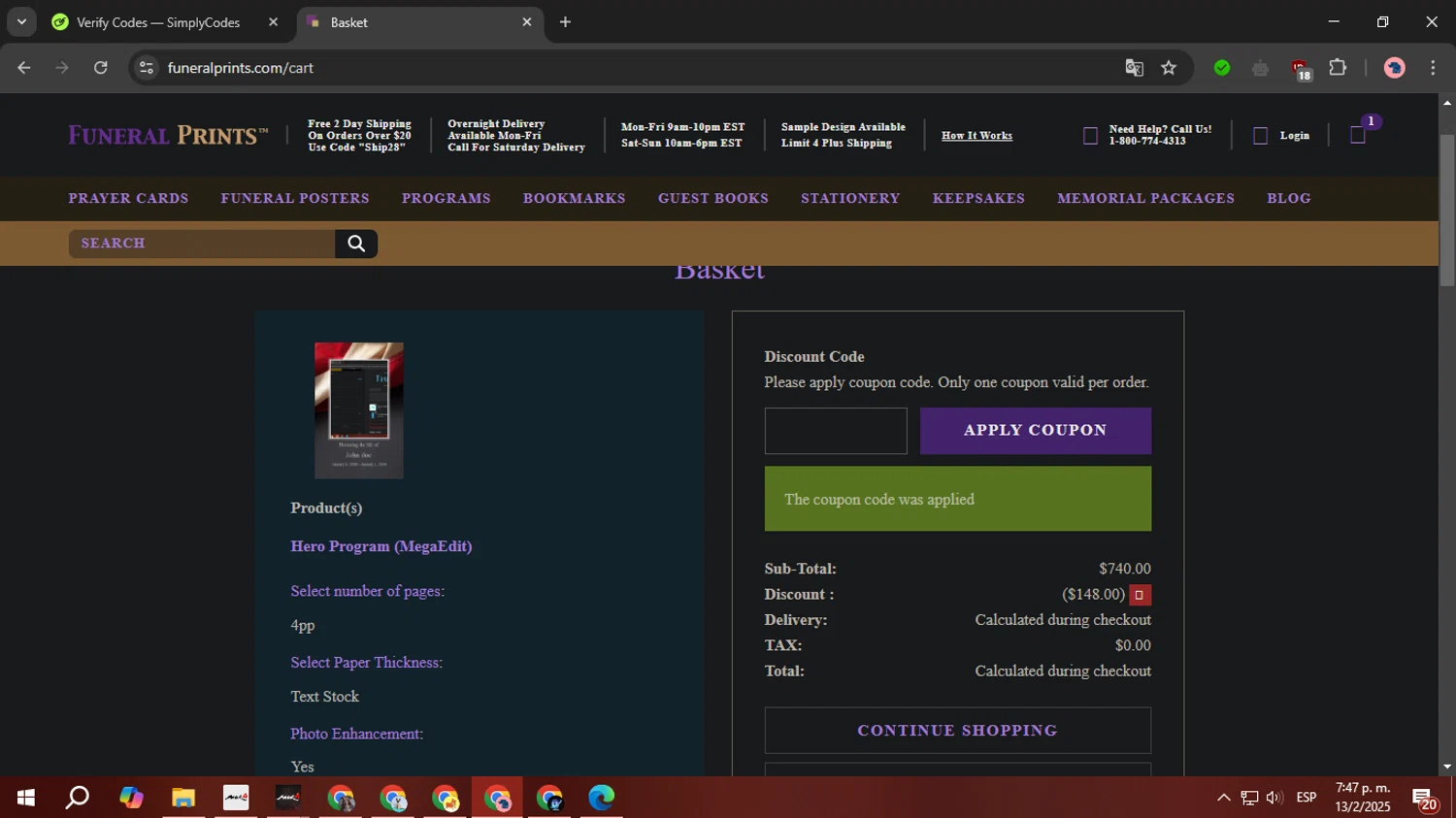 Funeral Prints discount code screenshot showing code FPUPGRADE applied at Funeral Prints checkout page. Uploaded by SimplyCodes community member FortunateTiger3302 on Feb 13, 2025