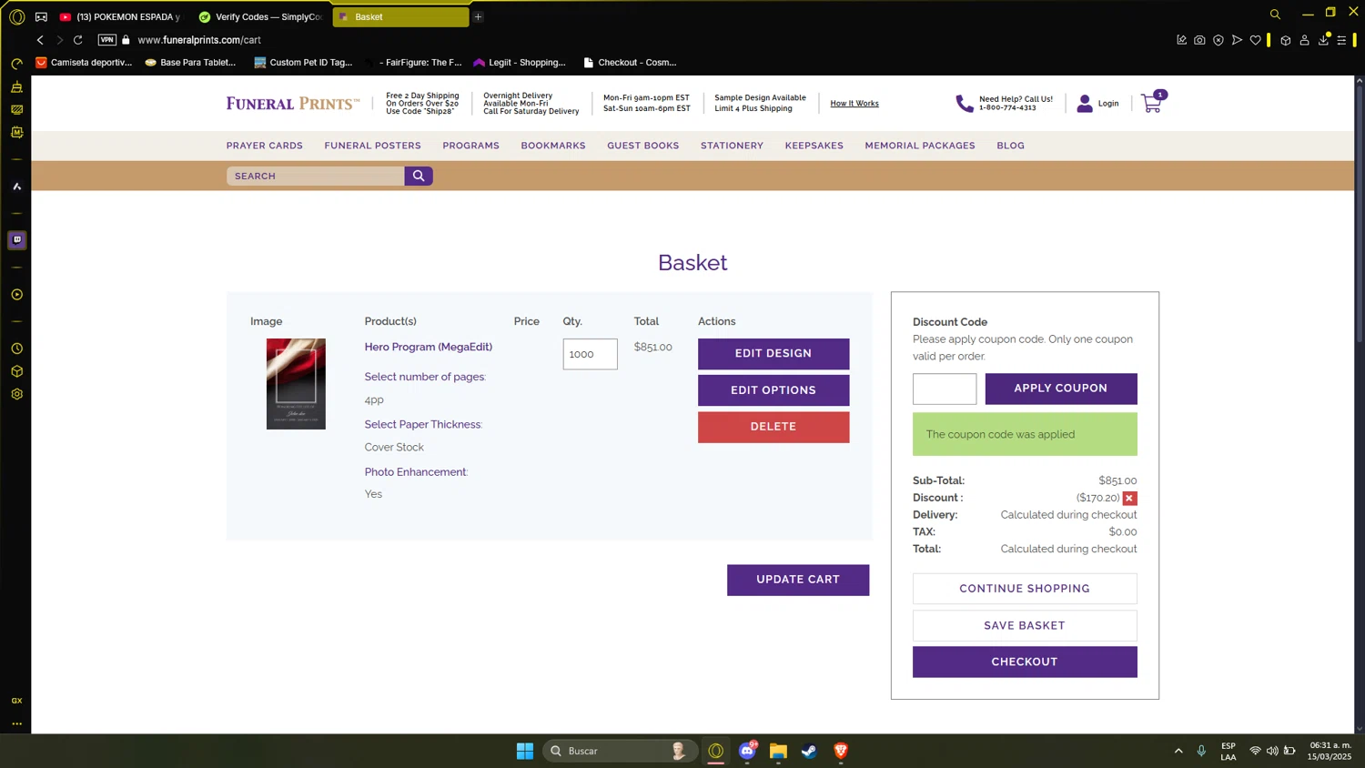Funeral Prints discount code screenshot showing code FPUPGRADE applied at Funeral Prints checkout page. Uploaded by SimplyCodes community member Gatopan on Mar 15, 2025