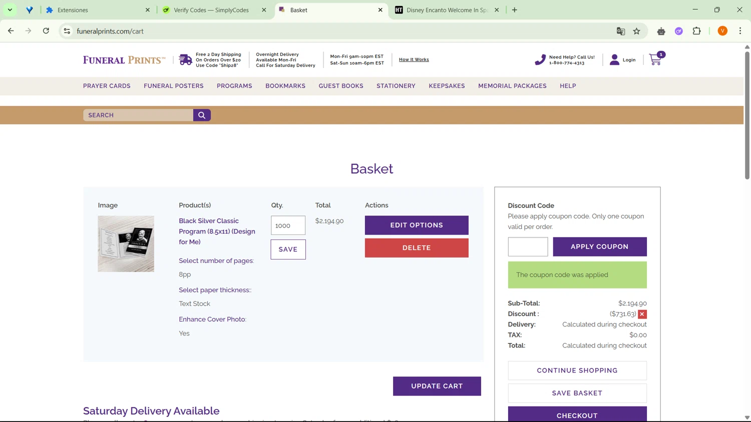 Funeral Prints discount code screenshot showing code B2G1 applied at Funeral Prints checkout page. Uploaded by SimplyCodes community member RebateSaver5991 on May 4, 2025