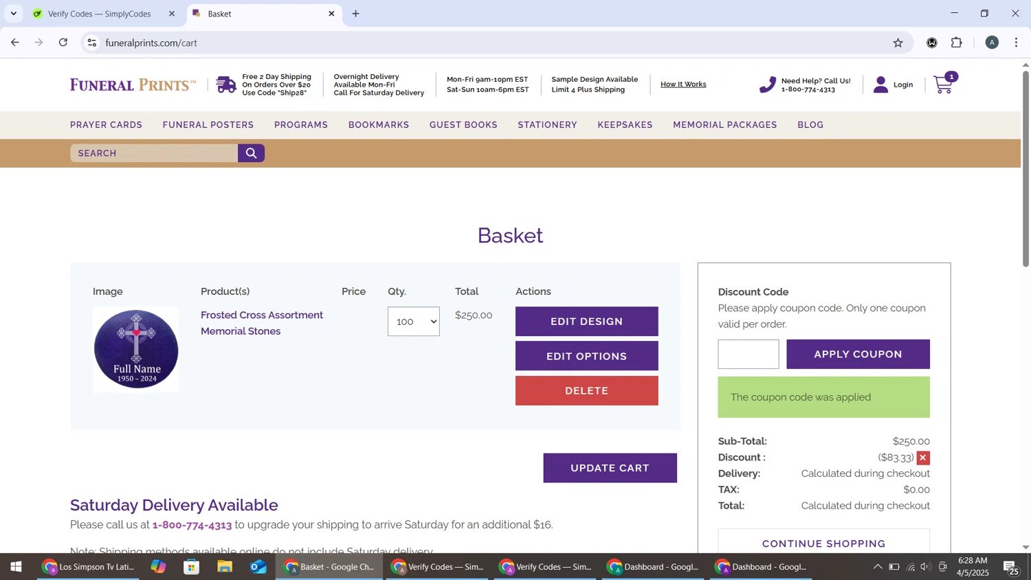 Funeral Prints discount code screenshot showing code B2G1 applied at Funeral Prints checkout page. Uploaded by SimplyCodes community member BonusMonarch7015 on Apr 5, 2025